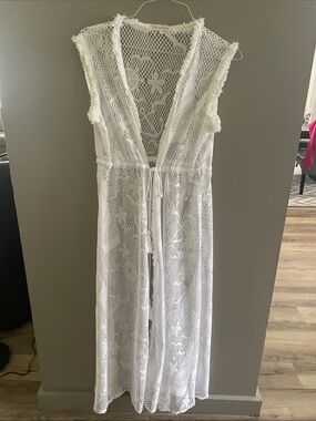 White Crochet Tie-Waist Swim Coverup
